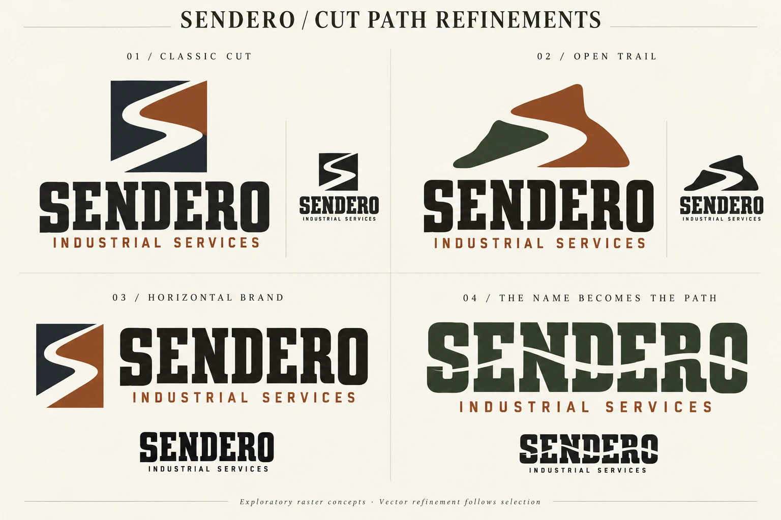 Four Sendero logo refinements: Classic Cut with square path symbol; Open Trail with separate open symbol; Horizontal Brand with clean name and a type-only version; and the name Sendero with a winding path formed by negative space through the letters
