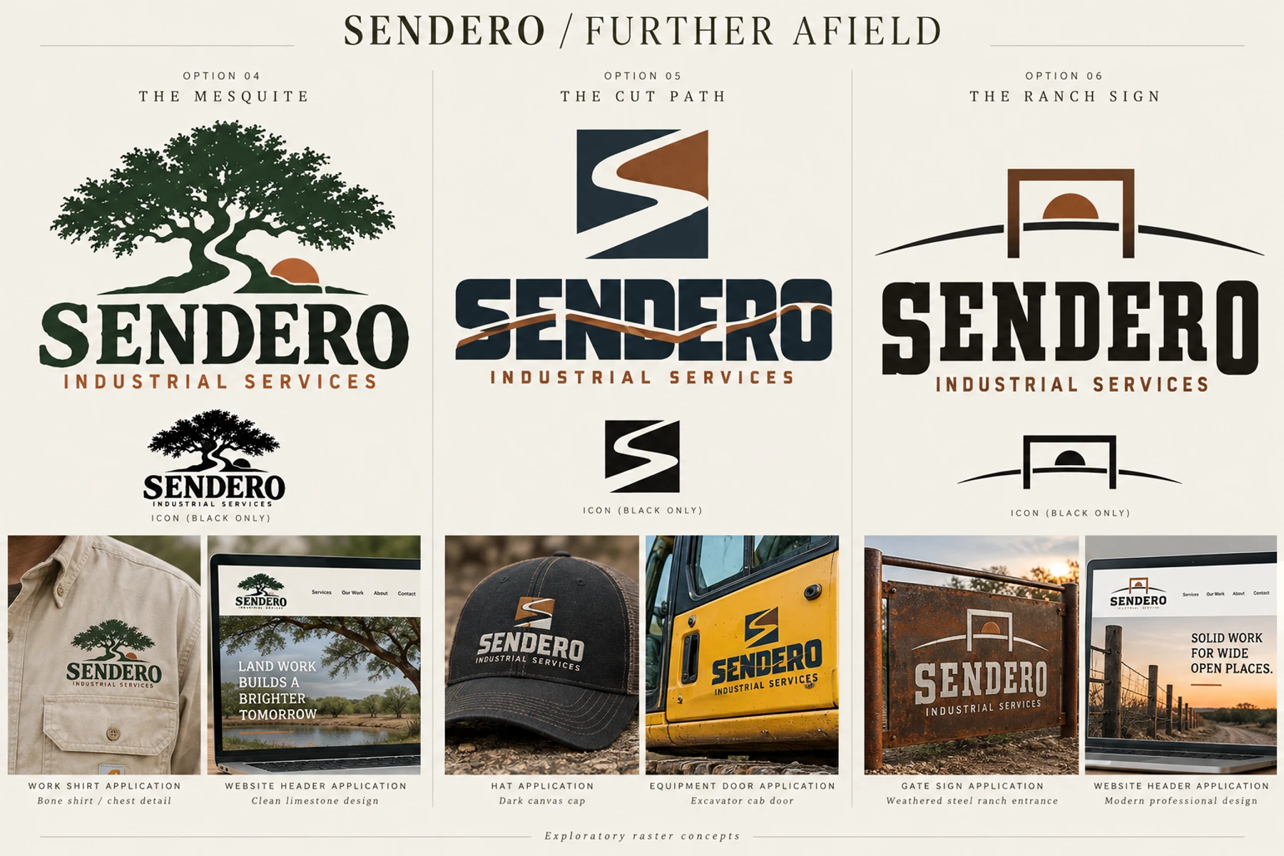 Exploratory logos and mockups: mesquite tree and trail on a shirt and website, cut-path S on a cap and excavator, gateway and horizon on a ranch sign and website