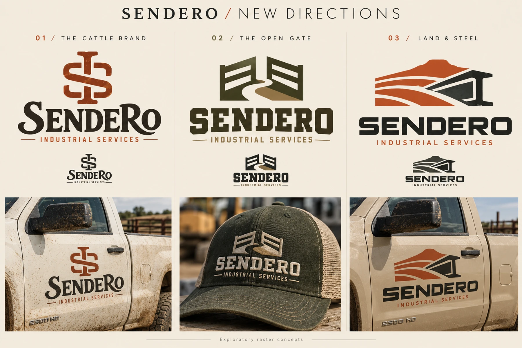 Exploratory logos and mockups: a brand-iron monogram on a truck, a gate and winding path on a cap, and an earth-and-steel emblem on a truck door