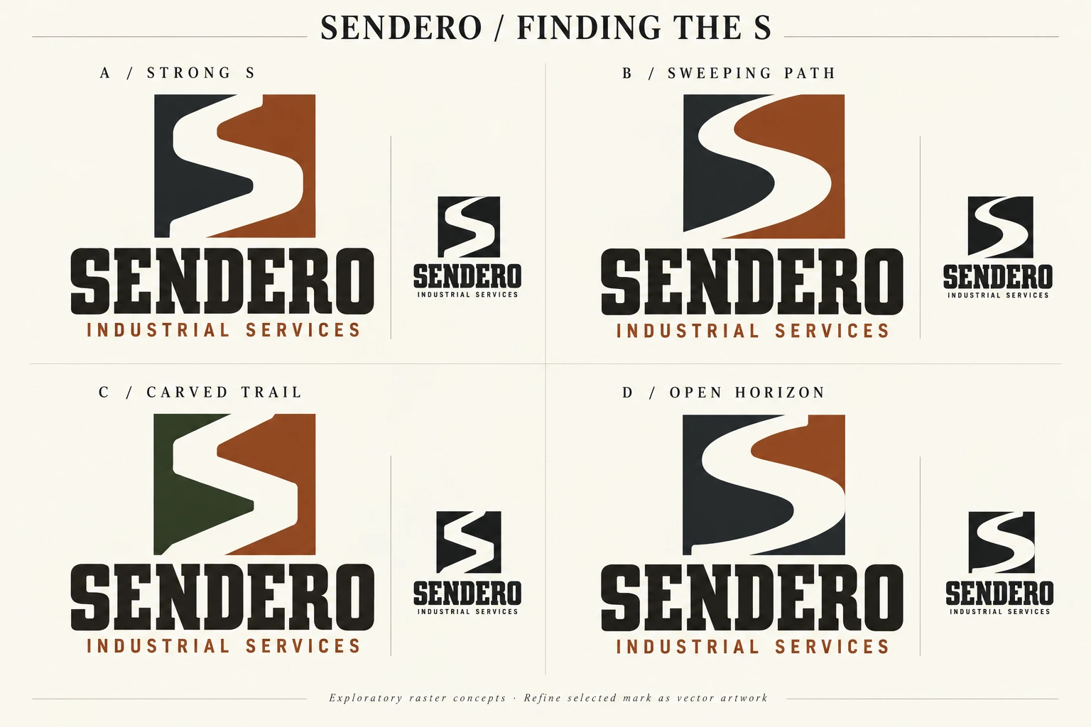Four Sendero square S-path logo variations: A Strong S with broad letter-like turns; B Sweeping Path with flowing curves; C Carved Trail with angular cuts; D Open Horizon with a wide open S