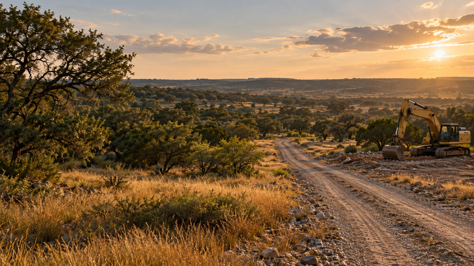 Illustrative South Texas ranch landscape with an excavator beside a gravel track; not a Sendero project