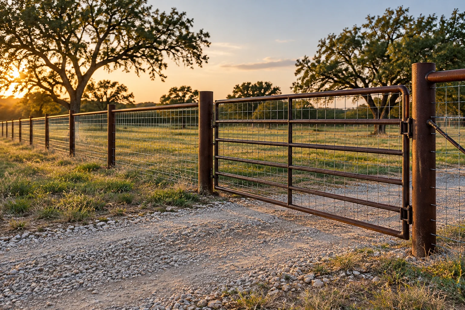 Livestock fence and gate opening onto South Texas pasture