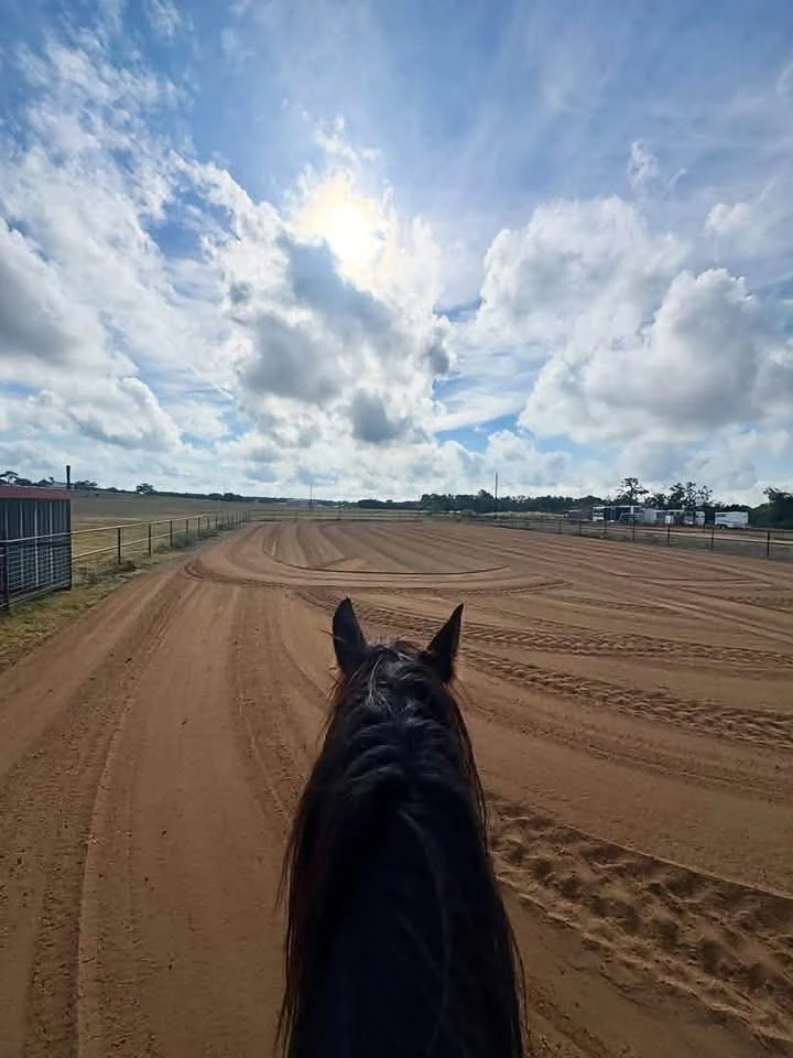 View from horseback across a fenced sand riding arena